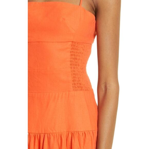Farm Rio Orange Smocked Linen Blend Sleeveless Resort Midi Sun Dress Size Small - Picture 5 of 16
